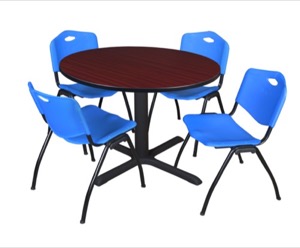 Cain 48" Round Breakroom Table - Mahogany & 4 'M' Stack Chairs - Blue