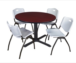 Cain 48" Round Breakroom Table - Mahogany & 4 'M' Stack Chairs - Grey