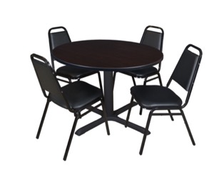 Cain 48" Round Breakroom Table - Mocha Walnut & 4 Restaurant Stack Chairs - Black