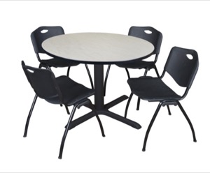 Cain 48" Round Breakroom Table - Maple & 4 'M' Stack Chairs - Black