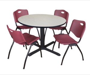 Cain 48" Round Breakroom Table - Maple & 4 'M' Stack Chairs - Burgundy