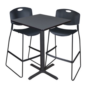 Cain 30" Square Cafe Table - Grey & 2 Zeng Stack Stools - Black