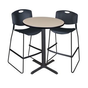 Cain 30" Round Cafe Table - Beige & 2 Zeng Stack Stools - Black