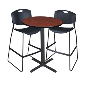 Cain 30" Round Cafe Table - Cherry & 2 Zeng Stack Stools - Black