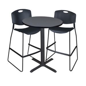 Cain 30" Round Cafe Table - Grey & 2 Zeng Stack Stools - Black