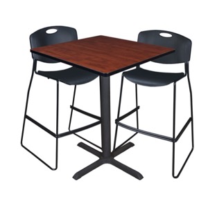 Cain 36" Square Cafe Table - Cherry & 2 Zeng Stack Stools - Black