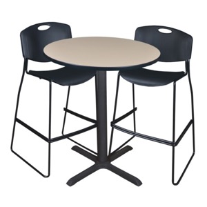 Cain 36" Round Cafe Table - Beige & 2 Zeng Stack Stools - Black