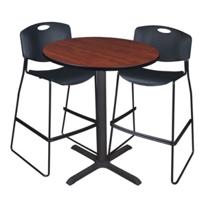 Cain 36" Round Cafe Table - Cherry & 2 Zeng Stack Stools - Black