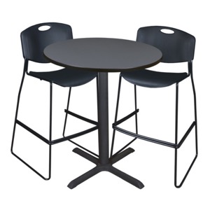Cain 36" Round Cafe Table - Grey & 2 Zeng Stack Stools - Black