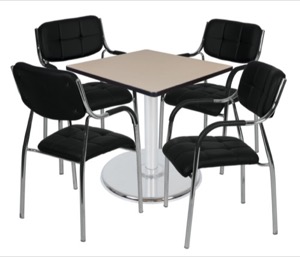 Via 30" Square Platter Base Table - Beige/Chrome & 4 Uptown Side Chairs - Black