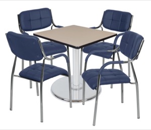Via 30" Square Platter Base Table - Beige/Chrome & 4 Uptown Side Chairs - Navy