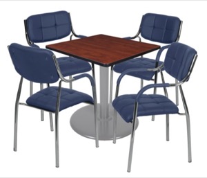 Via 30" Square Platter Base Table - Cherry/Grey & 4 Uptown Side Chairs - Navy