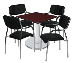 Via 30" Square Platter Base Table - Mahogany/Chrome & 4 Uptown Side Chairs - Black