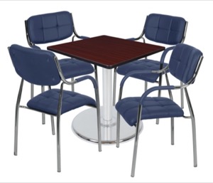 Via 30" Square Platter Base Table - Mahogany/Chrome & 4 Uptown Side Chairs - Navy