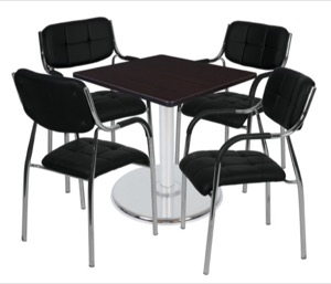 Via 30" Square Platter Base Table - Mocha Walnut/Chrome & 4 Uptown Side Chairs - Black