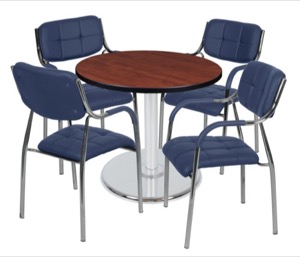 Via 30" Round Platter Base Table - Cherry/Chrome & 4 Uptown Side Chairs - Navy