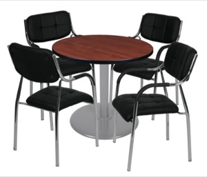 Via 30" Round Platter Base Table - Cherry/Grey & 4 Uptown Side Chairs - Black