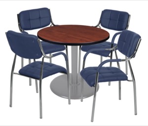 Via 30" Round Platter Base Table - Cherry/Grey & 4 Uptown Side Chairs - Navy