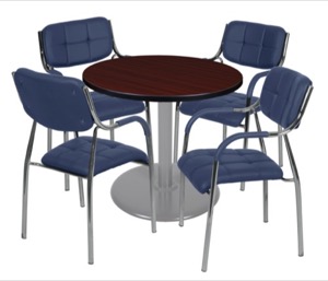 Via 30" Round Platter Base Table - Mahogany/Grey & 4 Uptown Side Chairs - Navy