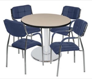 Via 36" Round Platter Base Table - Beige/Chrome & 4 Uptown Side Chairs - Navy