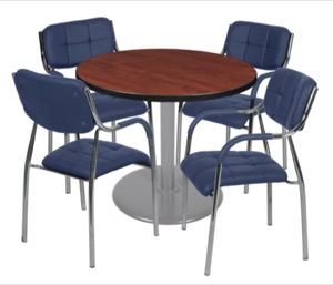 Via 36" Round Platter Base Table - Cherry/Grey & 4 Uptown Side Chairs - Navy