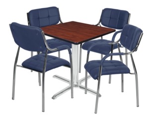 Via 30" Square X-Base Table - Cherry/Chrome & 4 Uptown Side Chairs - Navy