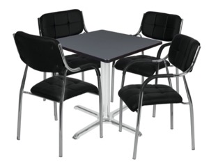 Via 30" Square X-Base Table - Grey/Chrome & 4 Uptown Side Chairs - Black