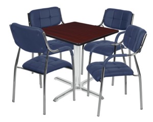 Via 30" Square X-Base Table - Mahogany/Chrome & 4 Uptown Side Chairs - Navy