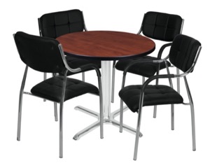 Via 30" Round X-Base Table - Cherry/Chrome & 4 Uptown Side Chairs - Black