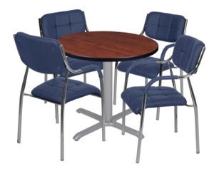 Via 30" Round X-Base Table - Cherry/Grey & 4 Uptown Side Chairs - Navy