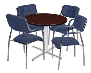 Via 30" Round X-Base Table - Mahogany/Chrome & 4 Uptown Side Chairs - Navy