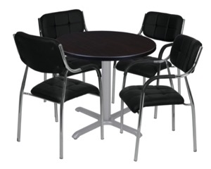 Via 30" Round X-Base Table - Mocha Walnut/Grey & 4 Uptown Side Chairs - Black