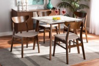 Baxton Studio Paras Mid-Century Modern Transitional Light Beige Fabric Upholstered and Walnut Brown Finished Wood 5-Piece Dining Set with Faux Marble Dining Table