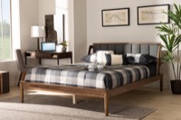 Baxton Studio Helsa Mid-Century Modern Dark Grey Fabric Upholstered and Walnut Finished Full Size Platform Bed
