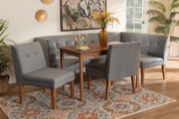 Baxton Studio Stewart Mid-Century Modern Grey Velvet Upholstered and Walnut Brown Finished Wood 5-Piece Dining Set