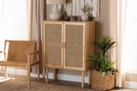 Baxton Studio Maclean Mid-Century Modern Rattan and Natural Brown Finished Wood 2-Door Storage Cabinet