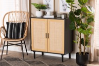 Baxton Studio Maureen Mid-Century Modern Espresso Brown Wood and Rattan 2-Door Storage Cabinet