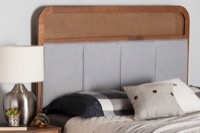 Baxton Studio Esti Mid-Century Modern Light Grey Fabric and Ash Walnut Finished Wood King Size Headboard with Rattan