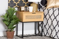 Baxton Studio Sawyer Mid-Century Modern Industrial Oak Brown Finished Wood and Black Metal 1-Drawer End Table with Natural Rattan