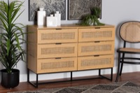 Baxton Studio Sawyer Mid-Century Modern Industrial Oak Brown Finished Wood and Black Metal 6-Drawer Storage Cabinet with Natural Rattan