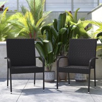 Maxim - Modern Indoor/Outdoor Stackable Wicker Patio Chairs & Arms - Set of 2 - Black