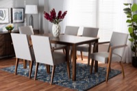Baxton Studio Glenda Mid-Century Modern Greyish Beige Fabric Upholstered and Walnut Brown Finished Wood 7-Piece Dining Set