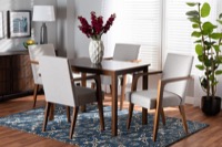 Baxton Studio Glenda Mid-Century Modern Greyish Beige Fabric Upholstered and Walnut Brown Finished Wood 5-Piece Dining Set