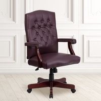 Martha Washington - Traditional Office Chair & Brass Nail Accented Scroll Arms - Burgundy LeatherSoft/Mahogany Frame