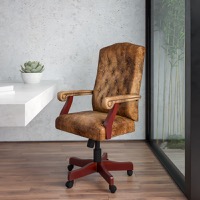 Derrick - Traditional Office Chair & Brass Nail Accented Scroll Arms - Bomber Brown Microfiber/Mahogany Frame