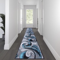Tellus Collection - Modern 3' x 15' Turquoise Plush Ocean Wave Pattern Area Rug - Turquoise