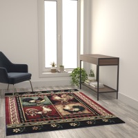 Gallus Collection - Lodge Style 5' x 7' Round Rooster Area Rug - Red