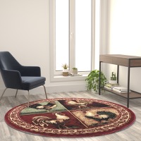 Gallus Collection - Lodge Style 6' x 6' Round Rooster Area Rug - Red