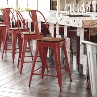 Kai - Modern Commercial Counter Stool & Poly Resin Seat - Teak Seat/Red Frame