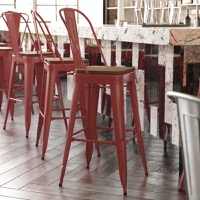 Kai - Modern Commercial Bar Stool & Poly Resin Seat - Teak Seat/Red Frame